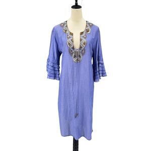 Papillon Bleu Beaded Embellished Cotton Silk Blend Blue Resort Coverup Dress